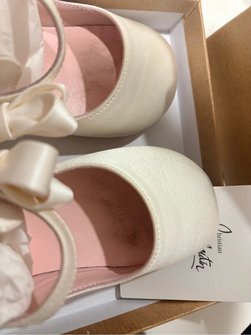 Christian Louboutin Cream Satin Mary Jane Girls' Shoes with Pink Insole and Bow